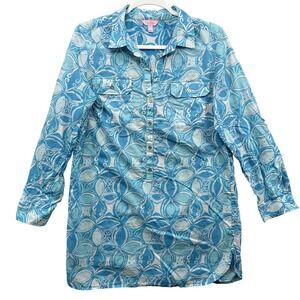 Lilly Pulitzer Captiva Tunic Shirt Womens Medium Print Button Front Blue India